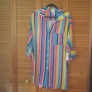 Anne Cole NWT Boyfriend Neon Stripes  Button-Down Shirt Cover-Up Size 18/20